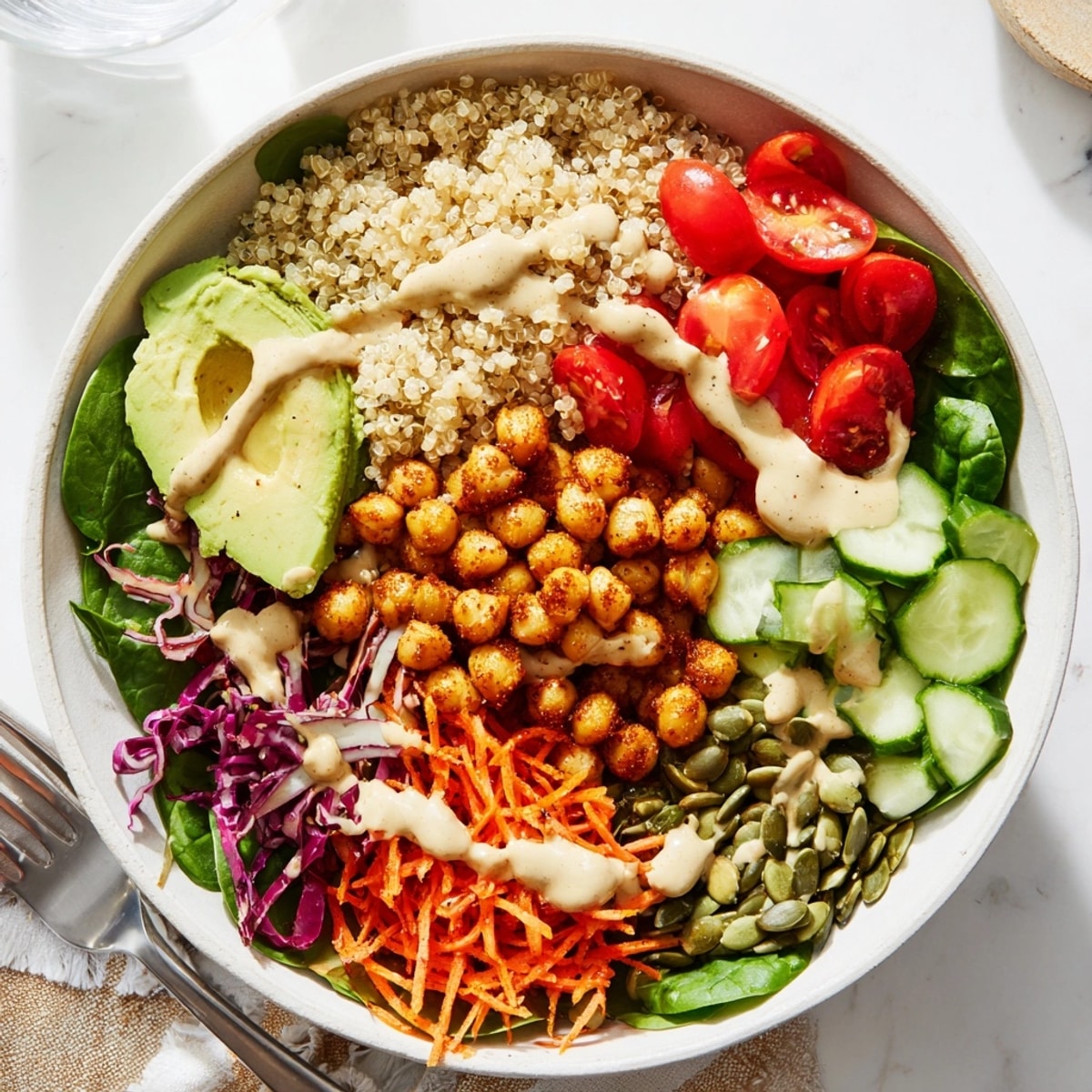 Overhead shot: colorful Plant-Based Power Bowl recipe with quinoa, veggies, chickpeas, tahini dressing.