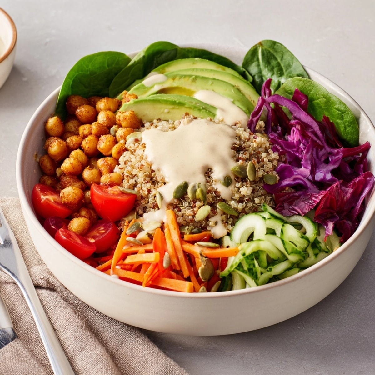 Close-up of a vibrant Plant-Based Power Bowl, showcasing avocado slices and roasted chickpeas.