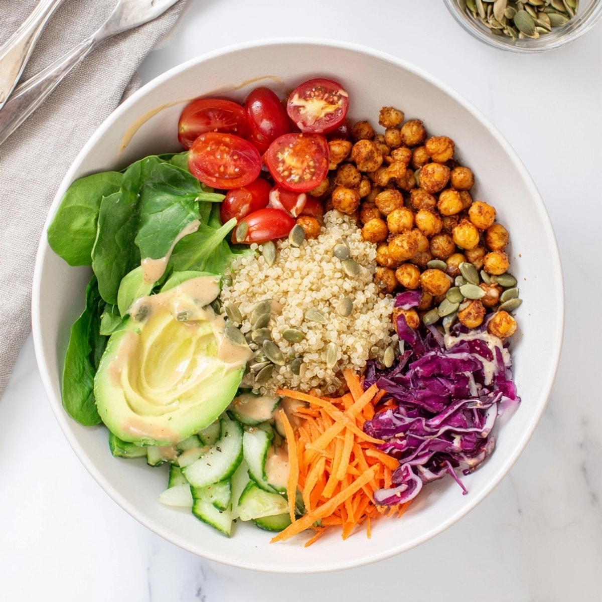 Creamy tahini dressing drizzled over a healthy Plant-Based Power Bowl; ready to eat.