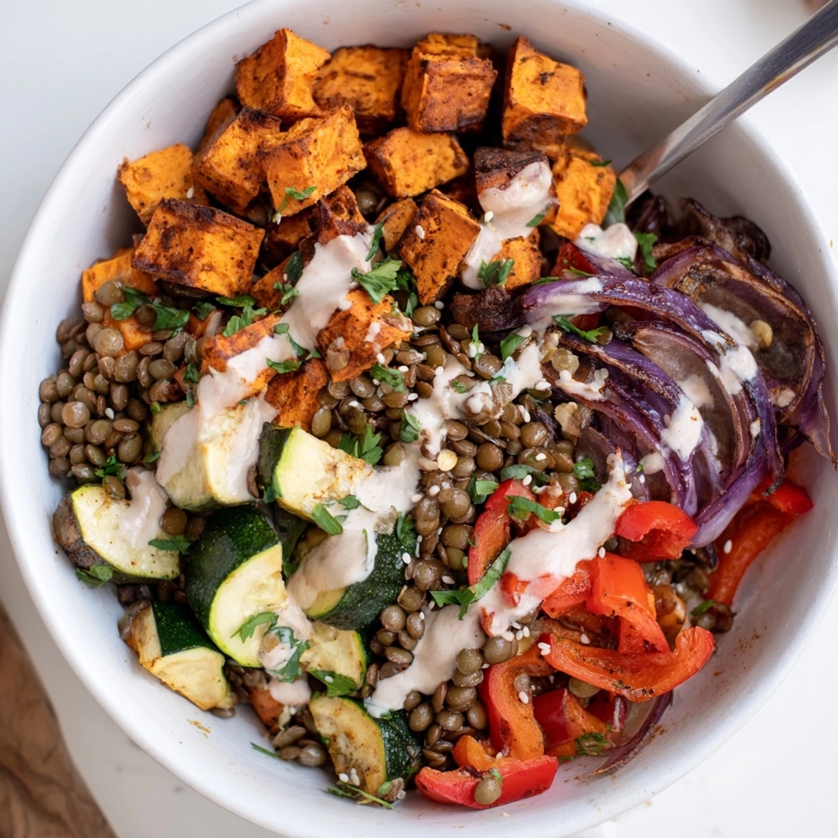 Vibrant Roasted Vegetable Lentil Bowl with tahini, garnished with parsley and sesame.