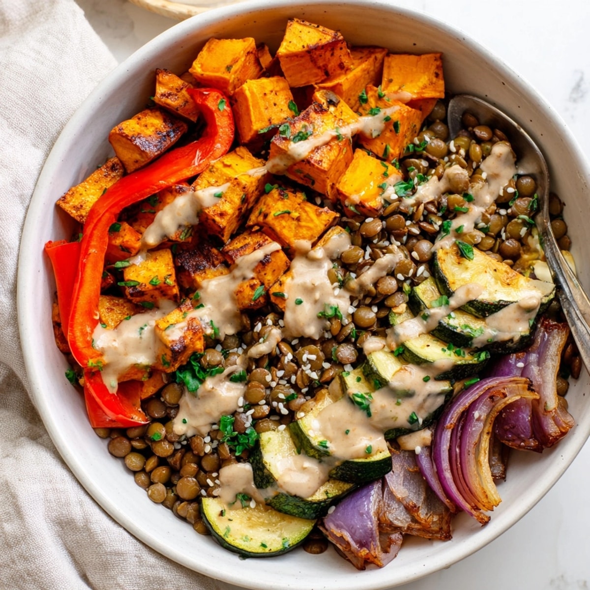 Close-up of a colorful Roasted Vegetable Lentil Bowl ready to savor for a nourishing meal.