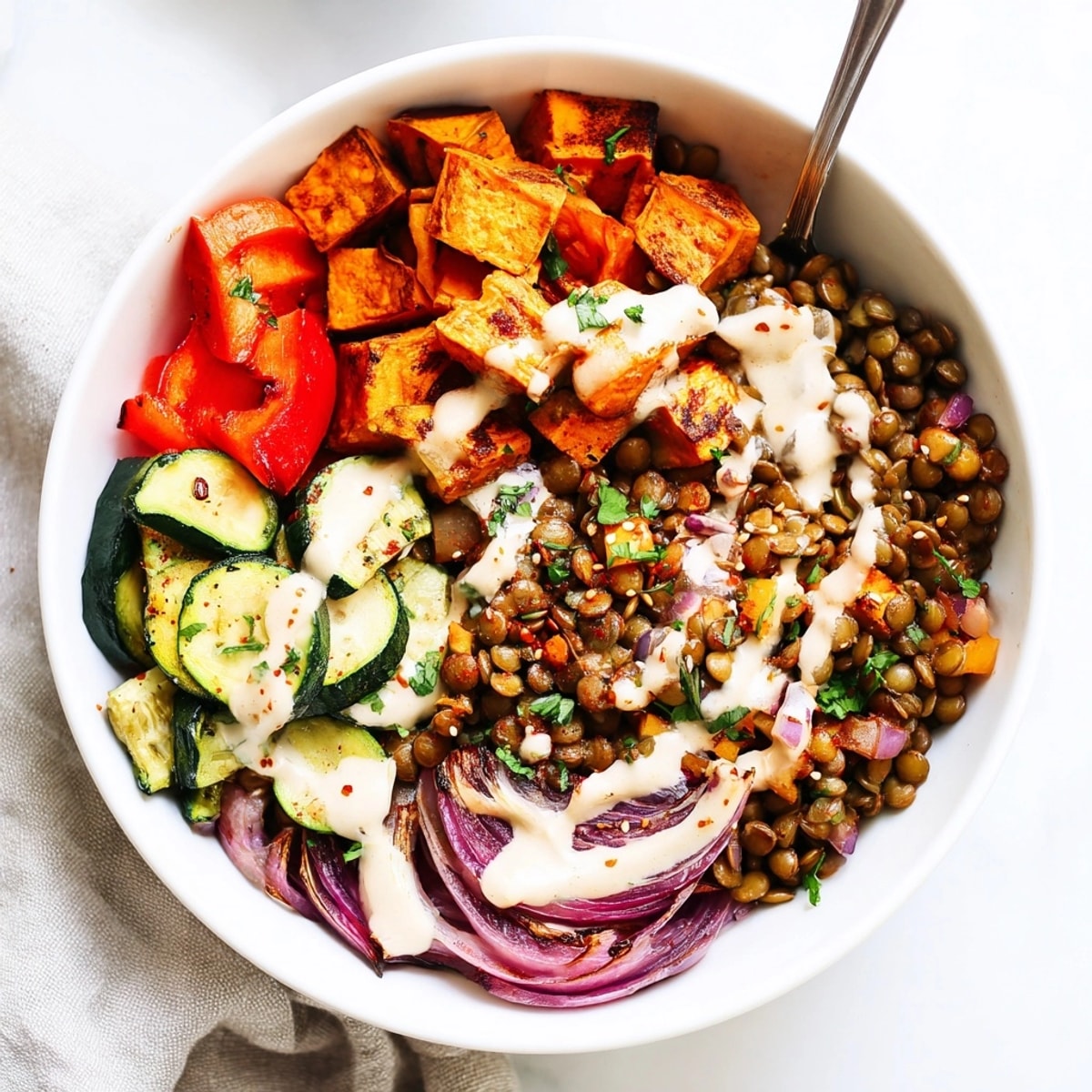 Hearty vegan Roasted Vegetable Lentil Bowl: sweet potatoes, lentils, drizzled with creamy tahini.