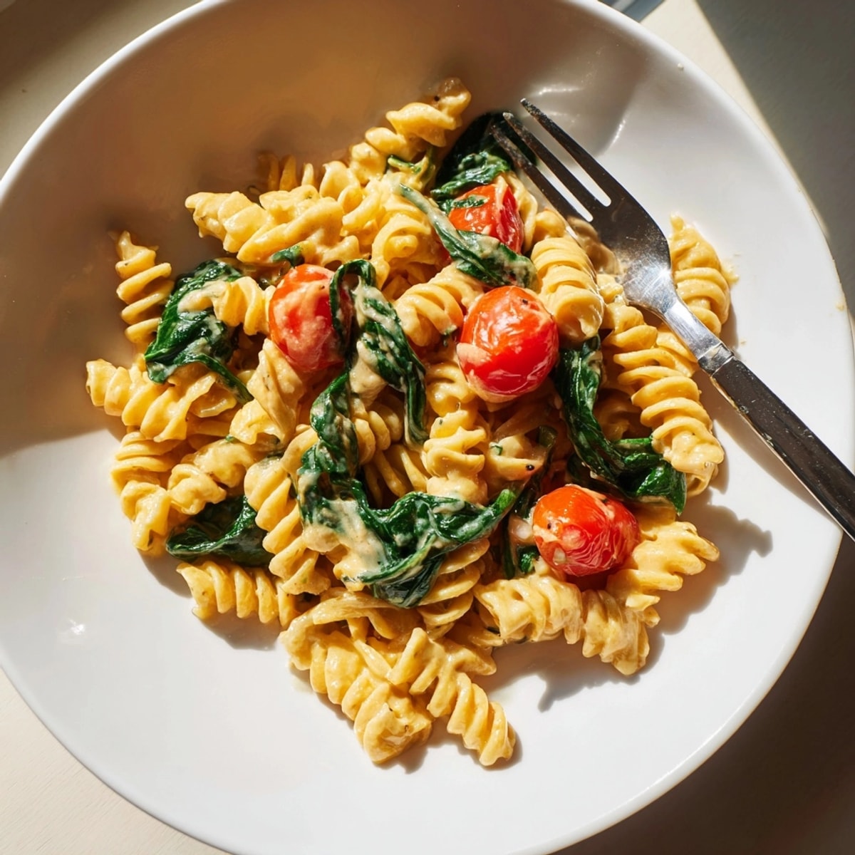 Close-up of Creamy Cashew Pasta, warm and inviting, garnished with fresh cracked pepper.
