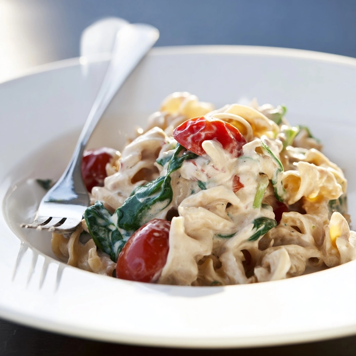 Spoonful of dairy-free Creamy Cashew Pasta, showing the rich texture of the sauce.