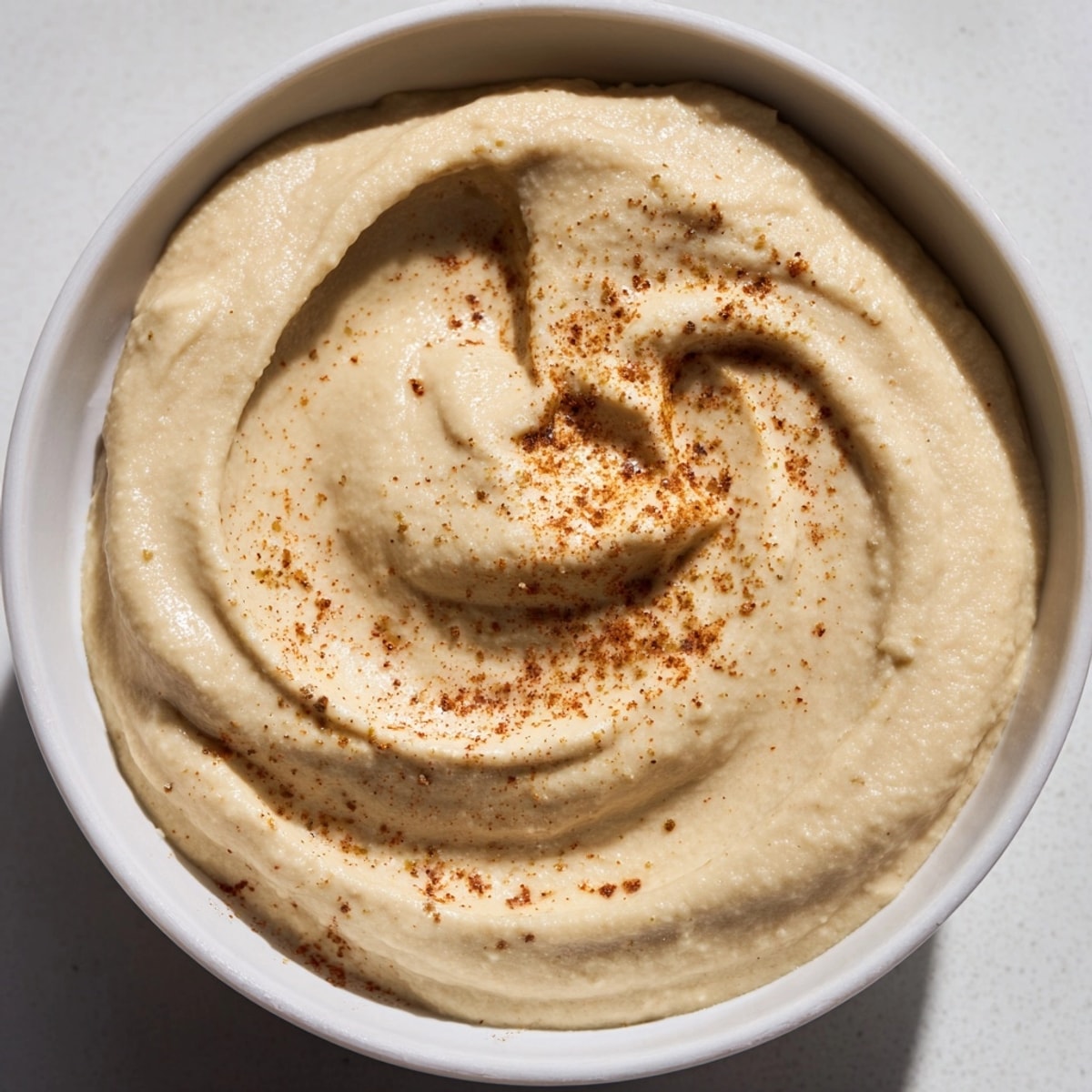 Creamy, oil-free hummus recipe: a smooth, light dip garnished with smoked paprika.