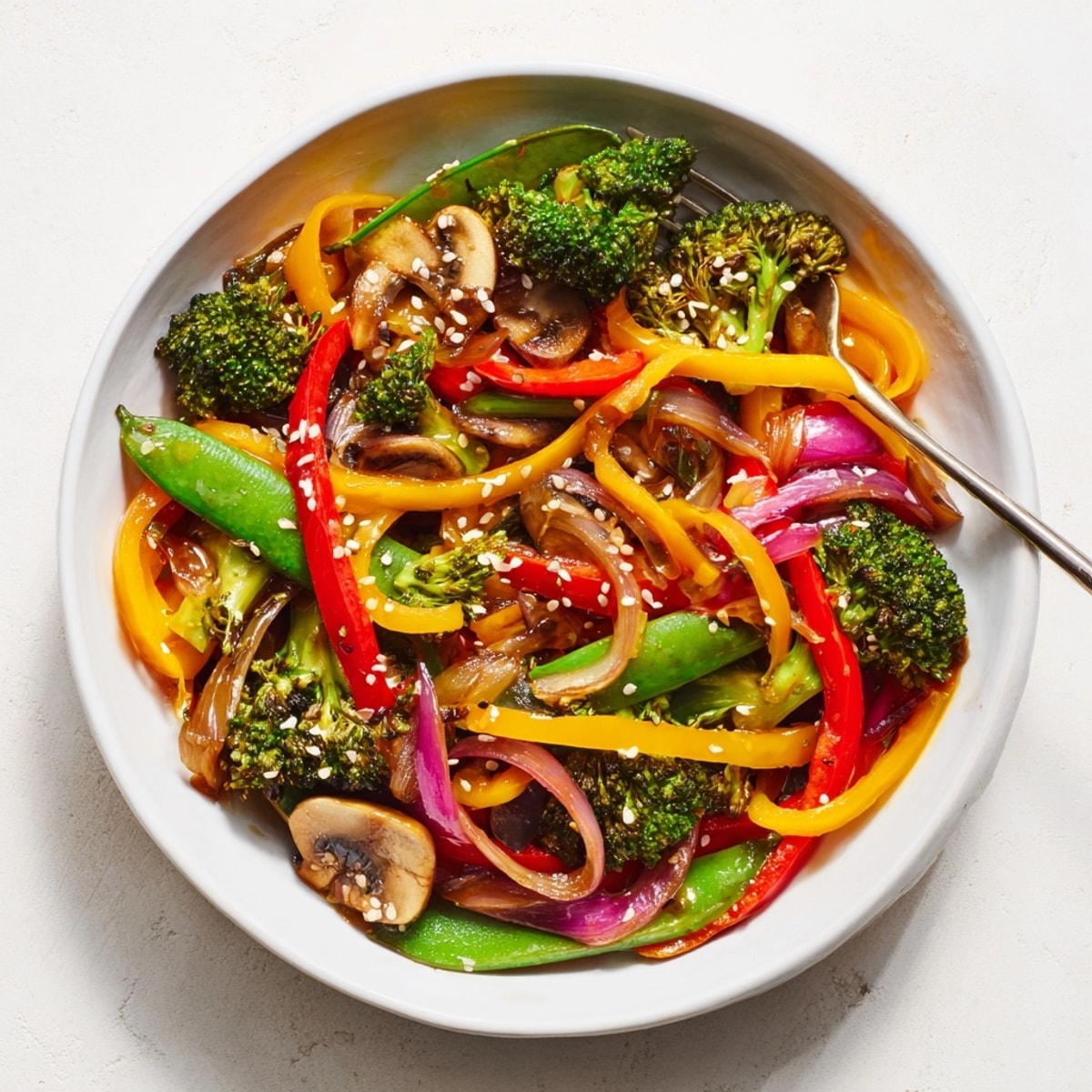 Close-up of vibrant, glistening Oil-Free Veggie Stir-Fry in a wok, ready to serve hot.