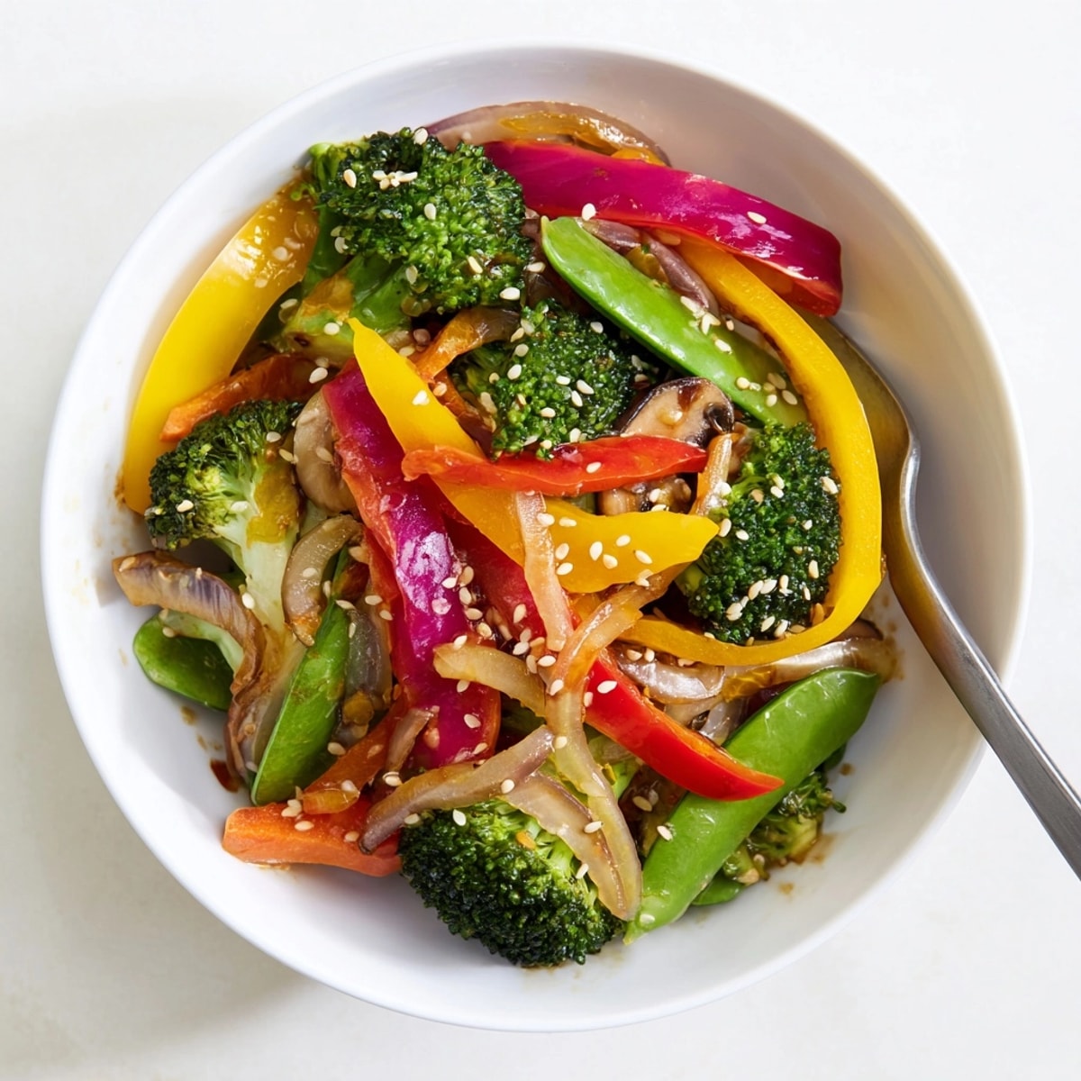 Steaming vegan Oil-Free Veggie Stir-Fry with colorful bell peppers and broccoli over rice.