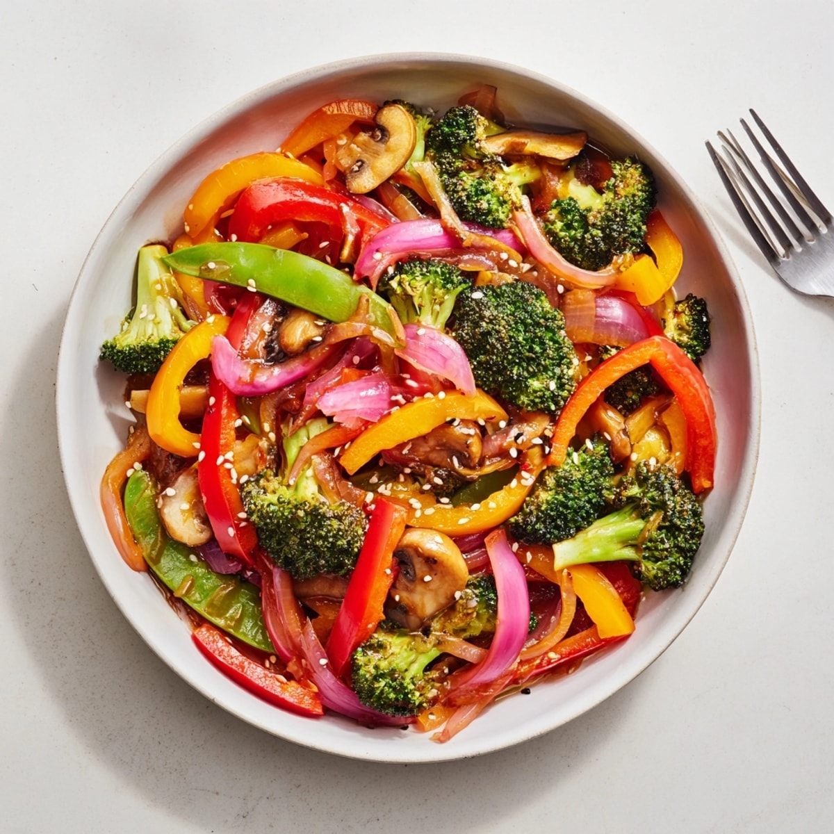 Top-down shot of a healthy Oil-Free Veggie Stir-Fry showing crisp-tender vegetables and sesame seeds.