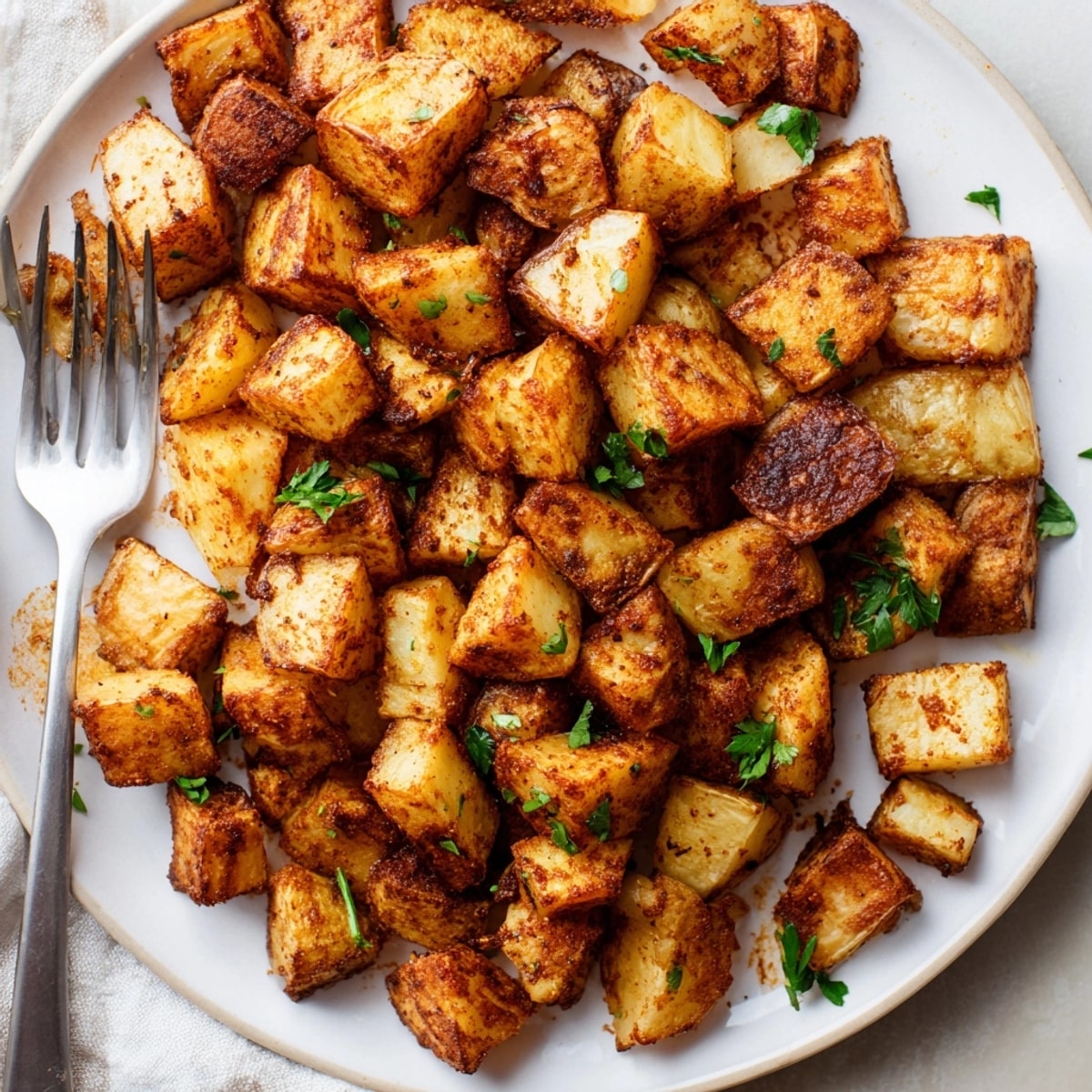 Golden, crispy Oil-Free Roasted Potatoes, seasoned with smoked paprika, ready for a vegan feast.