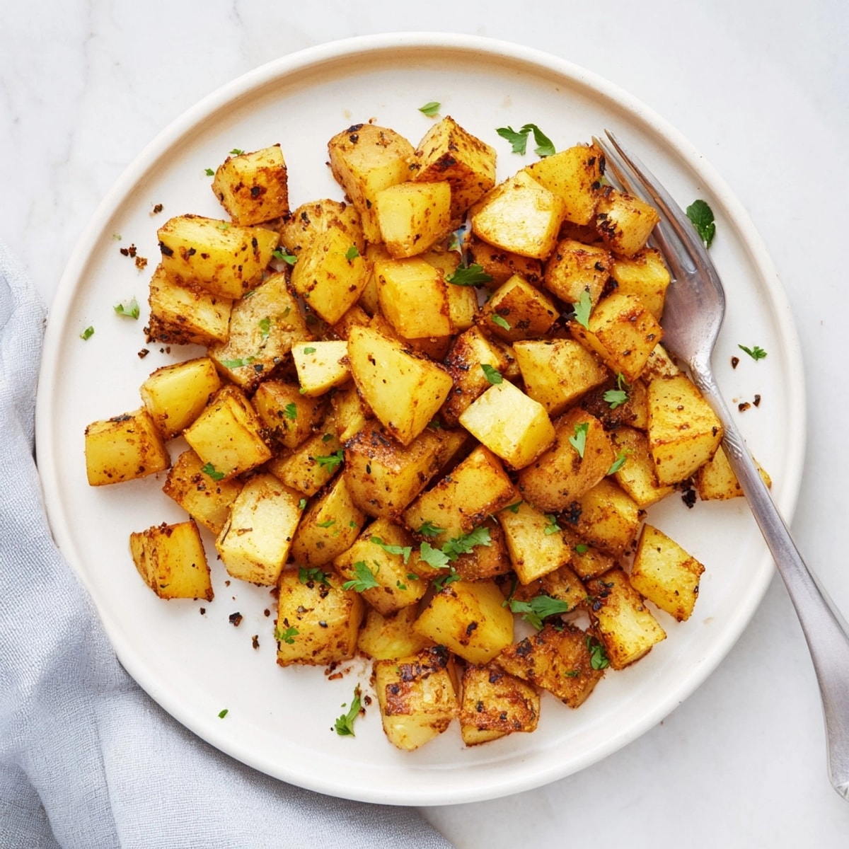 A close-up of perfectly browned Oil-Free Roasted Potatoes, fragrant with herbs and garlic aroma.