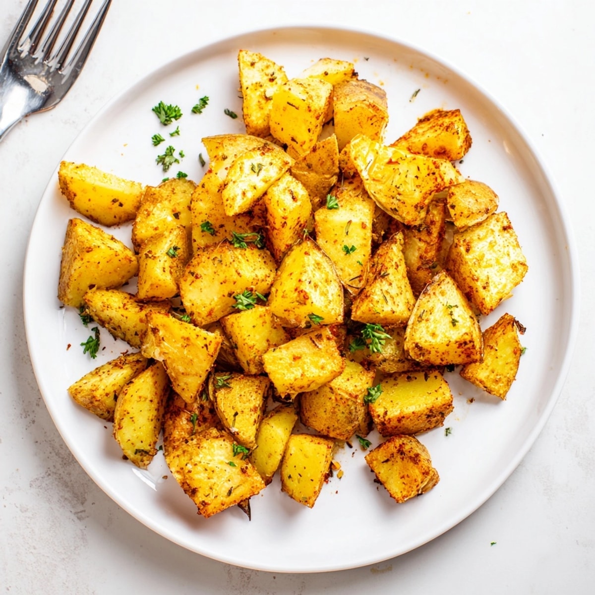 Easy Oil-Free Roasted Potatoes recipe: A healthy side shimmering with herbs, served on parchment paper.