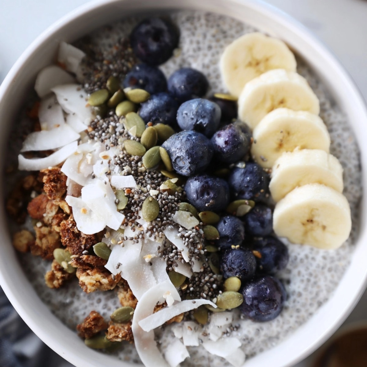 Easy vegan Blueberry Chia Breakfast Bowl: cold, refreshing, and sprinkled with sweet coconut flakes.