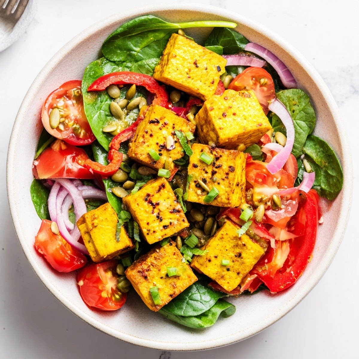 Golden, crispy tofu cubes top vibrant veggies in this savory tofu breakfast bowl.