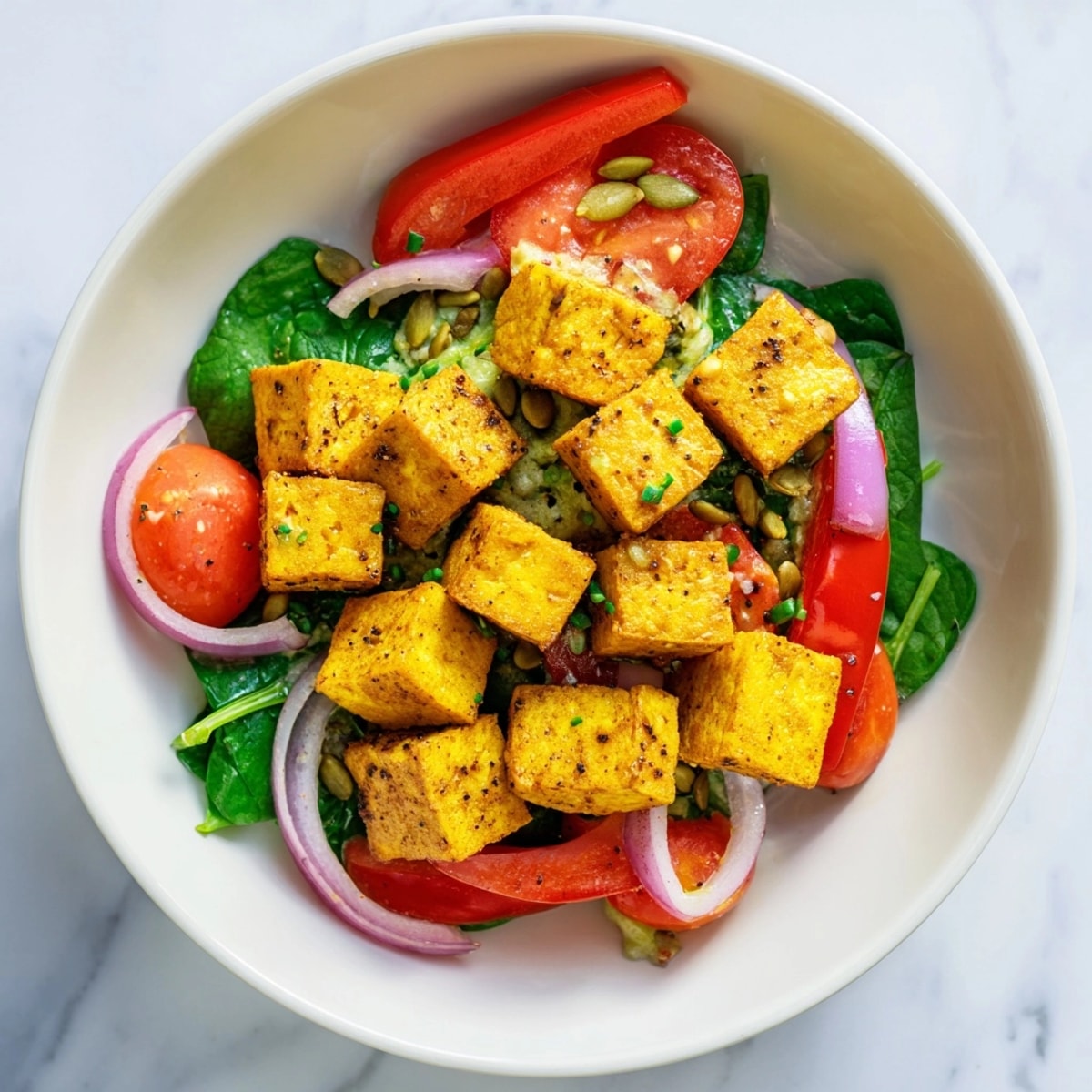 A creamy drizzle over fresh chives elevates this vegan savory tofu breakfast bowl.
