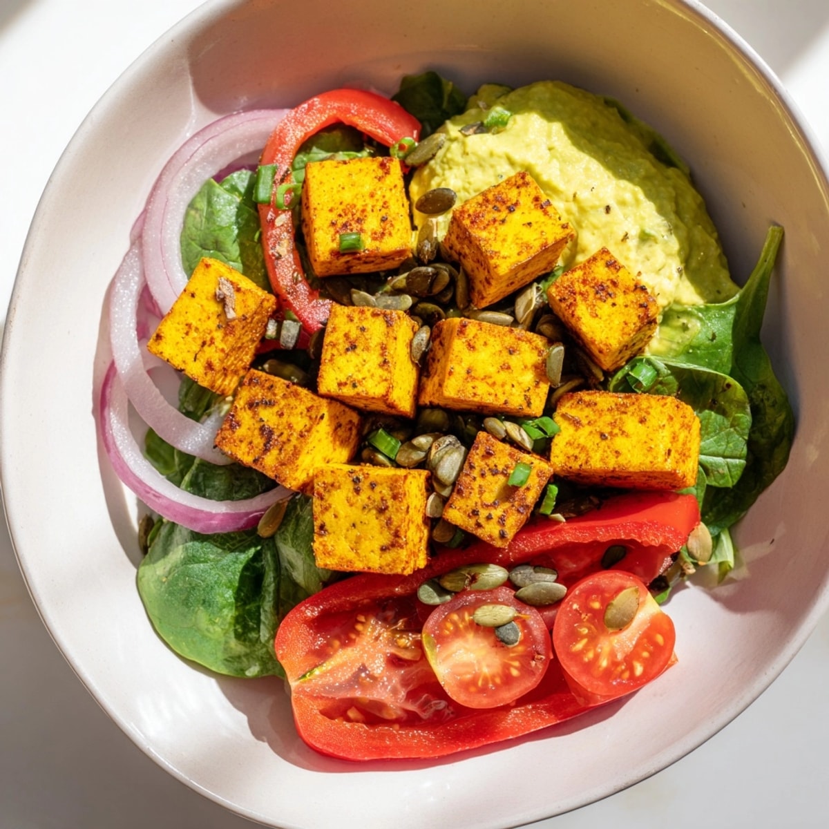 Imagine starting your day with this colorful savory tofu breakfast bowl—it's delicious!