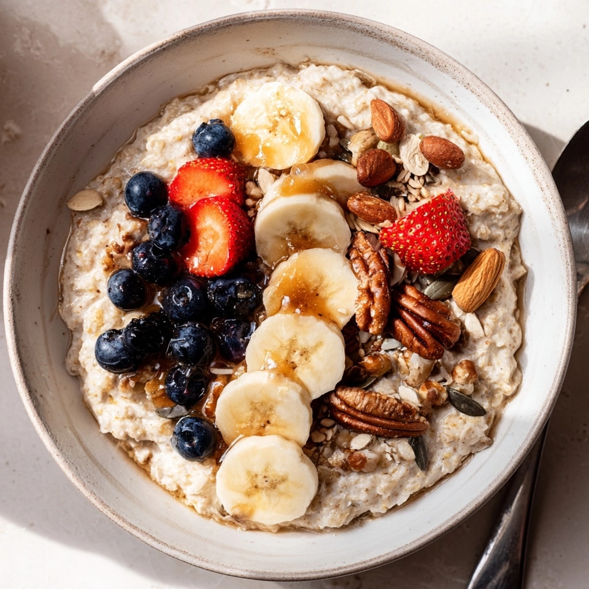 Creamy Maple Oatmeal Power Bowl topped with vibrant berries, nuts, and seeds, a hearty breakfast.