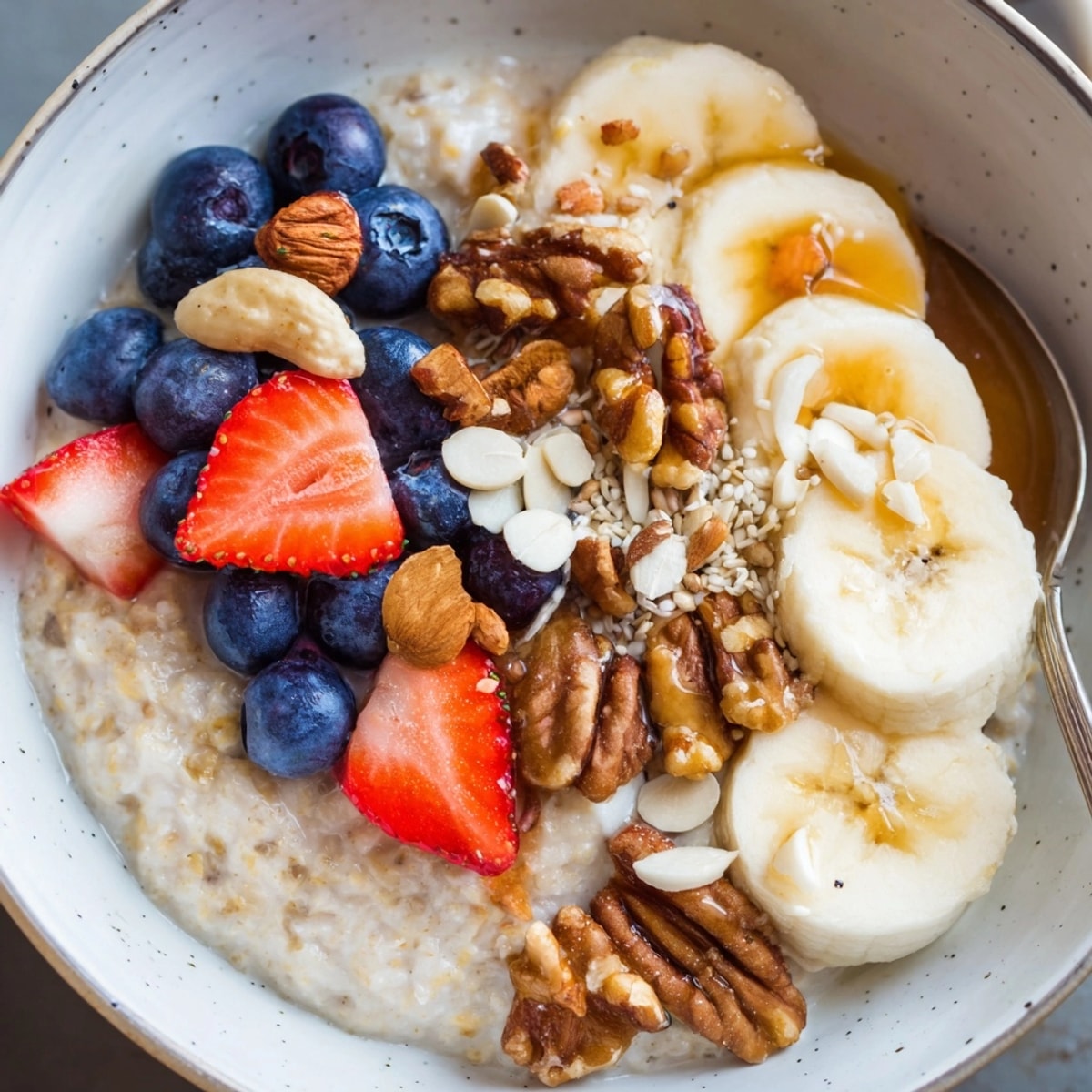 Close-up of a warm Maple Oatmeal Power Bowl, showing the textures of the toppings.