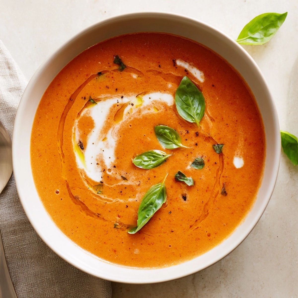 Bowl of Creamy Tomato Basil Soup with basil garnish, ready to be enjoyed.