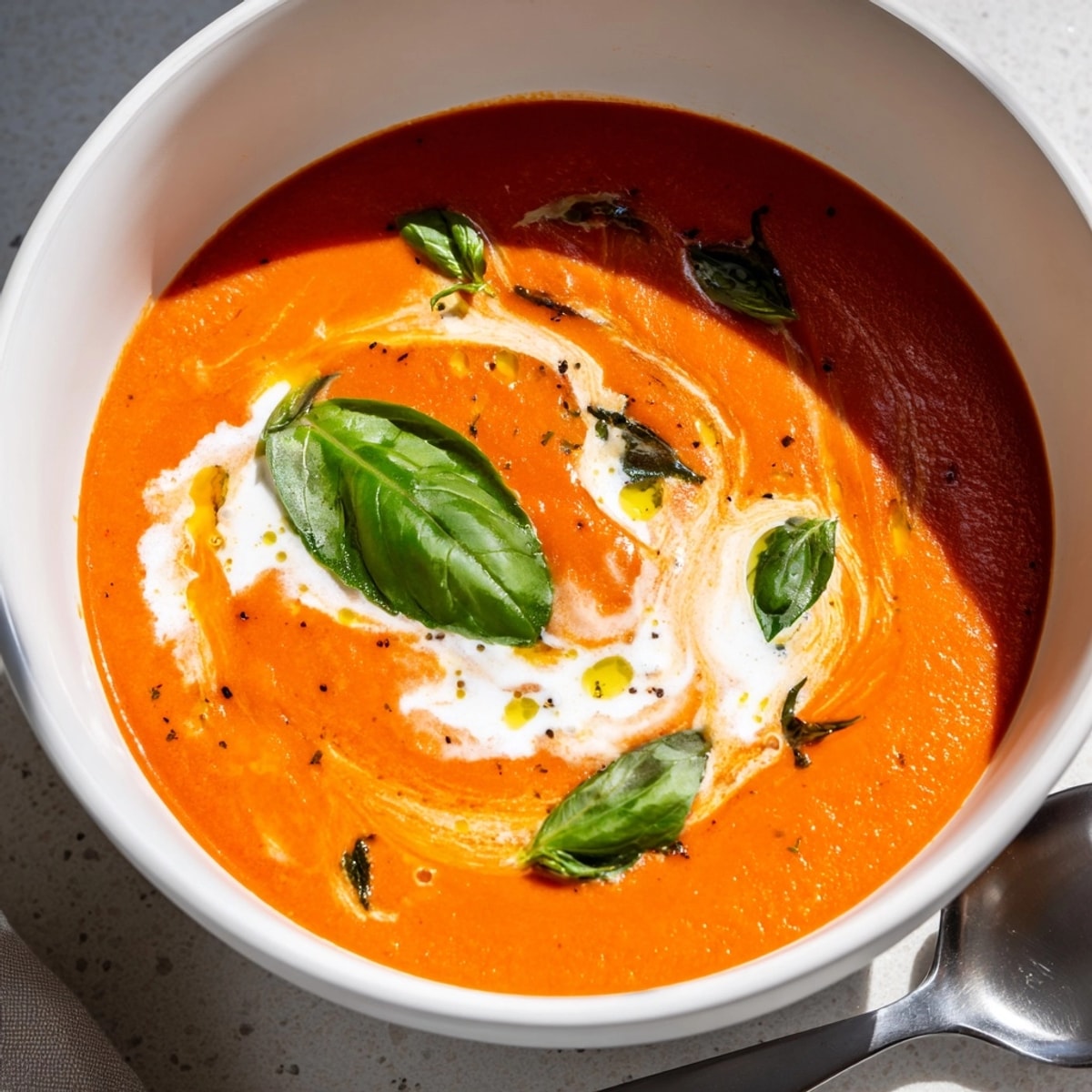Smooth, vibrant Creamy Tomato Basil Soup, swirled with cream and garnished with fresh basil.