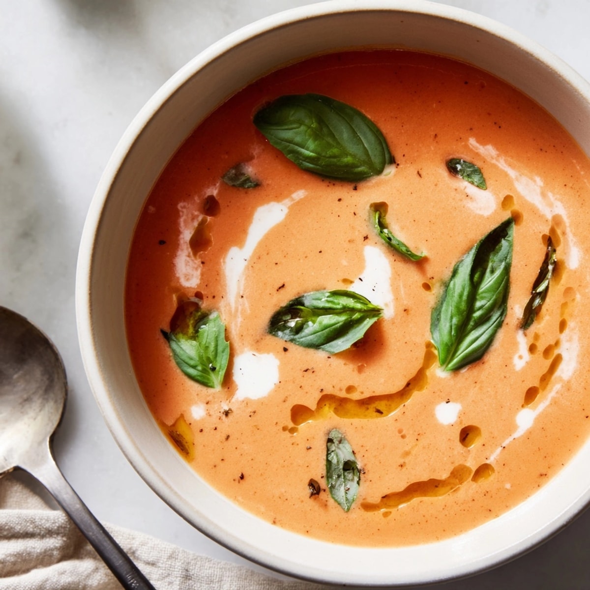 Delicious homemade Creamy Tomato Basil Soup, simmered with fresh herbs, a comforting vegetarian meal.