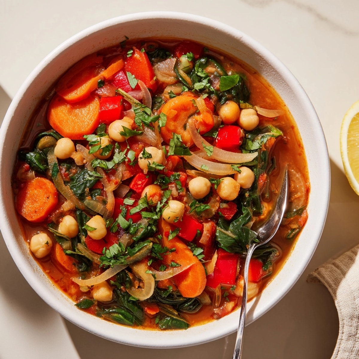 Vibrant Chickpea Spinach Stew bubbling in a pot, ready to serve with lemon.
