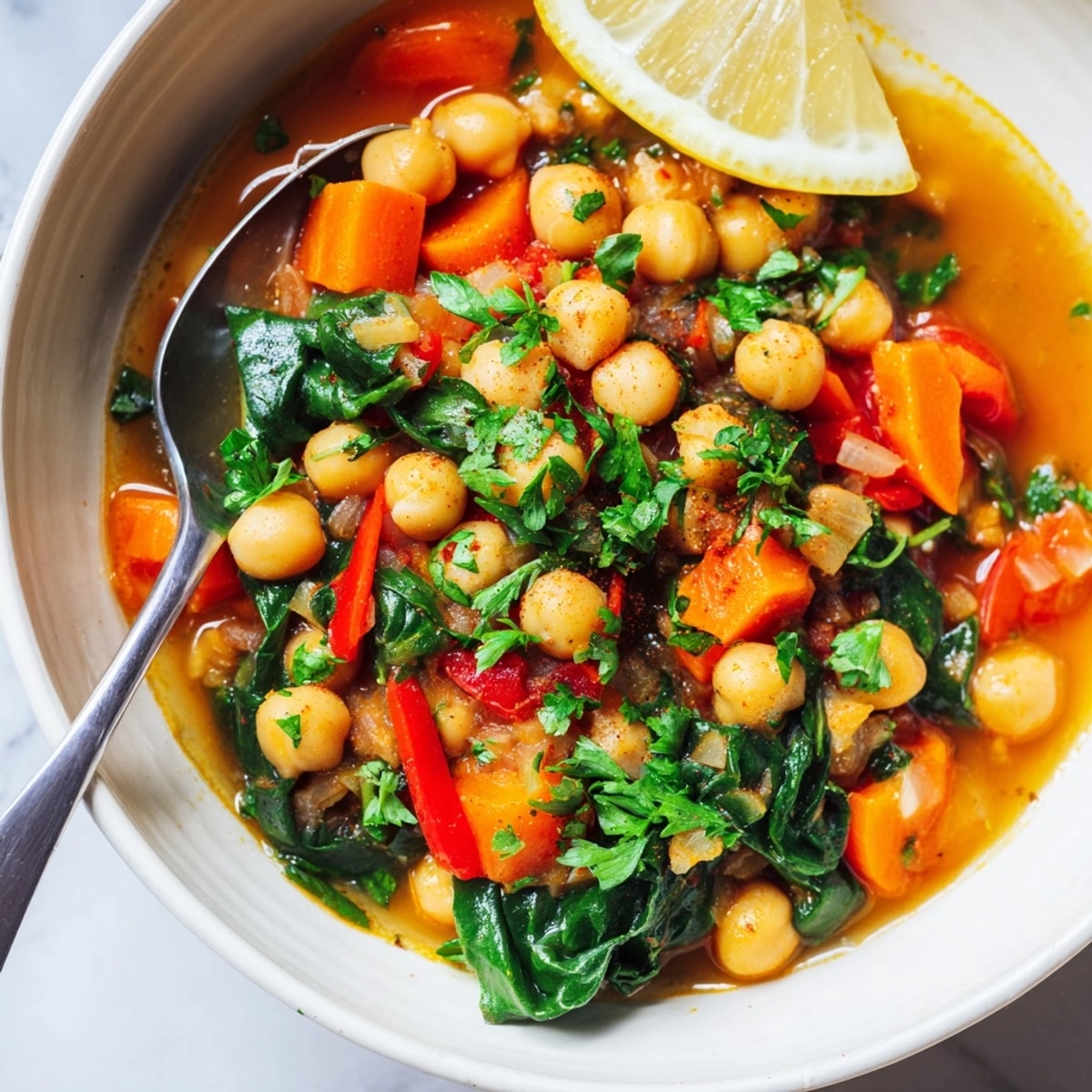 Close-up of hearty Chickpea Spinach Stew: earthy aroma, bright green spinach, comforting steam.