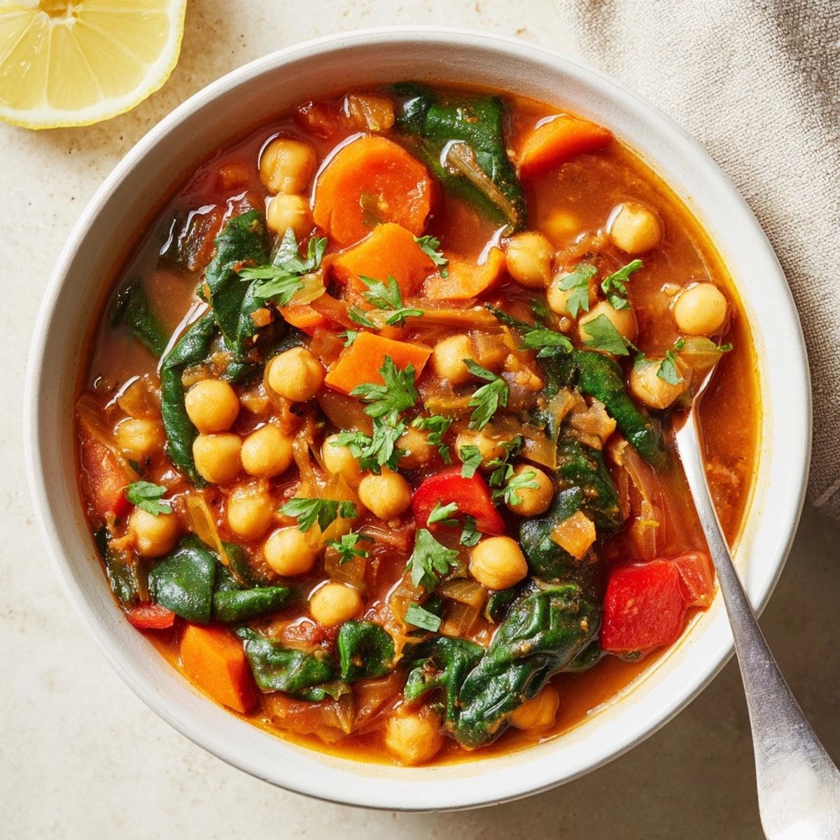 A delicious bowl of vegan Chickpea Spinach Stew topped with parsley and lemon wedge