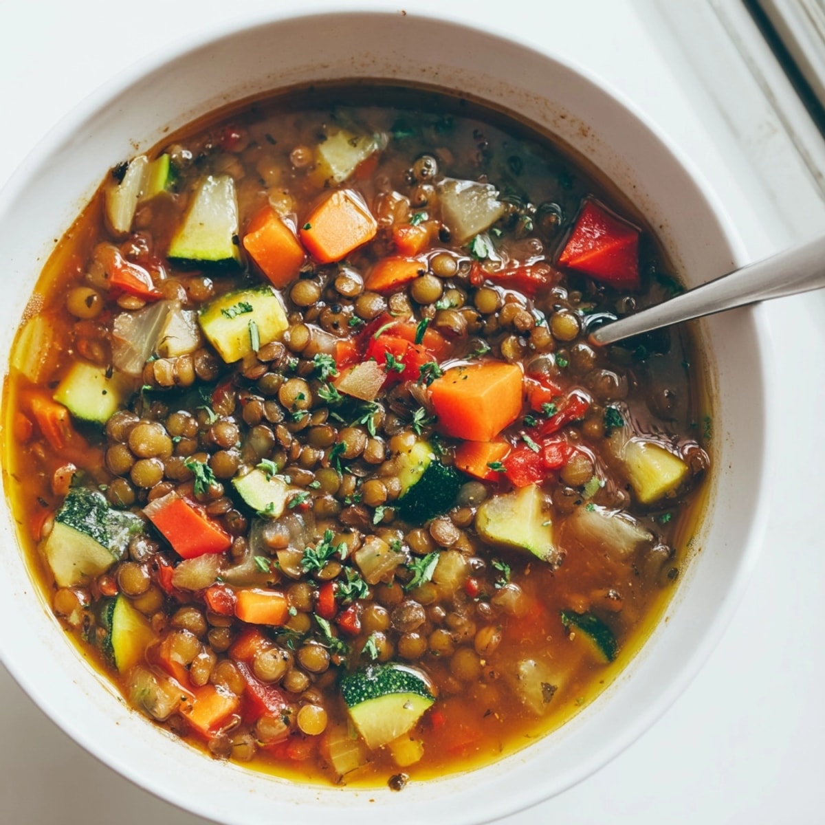 Warm bowl of Lentil Vegetable Soup; soft lentils, vibrant veggies, garnished with parsley.