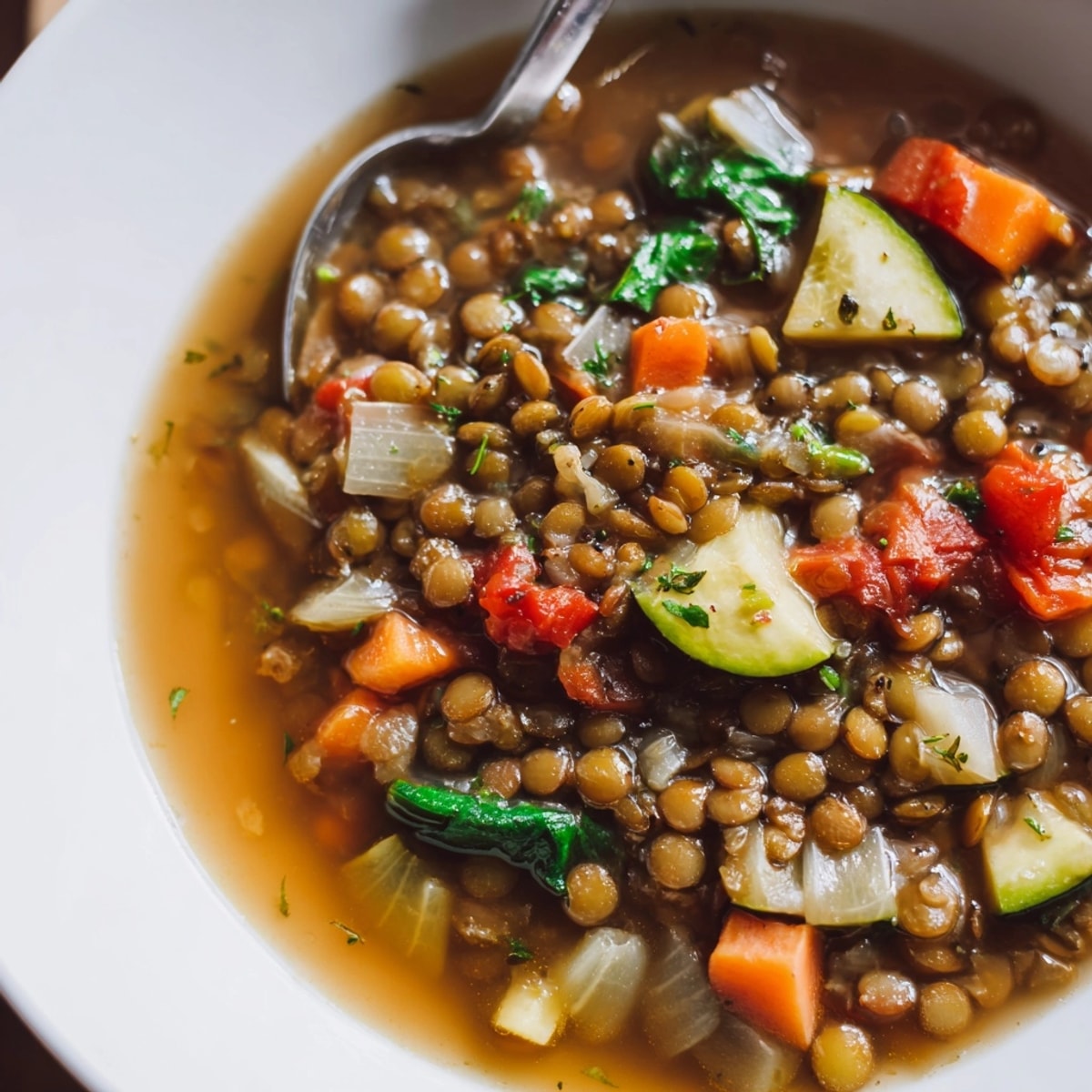A steaming pot of homemade Lentil Vegetable Soup, simmered with thyme and cumin.