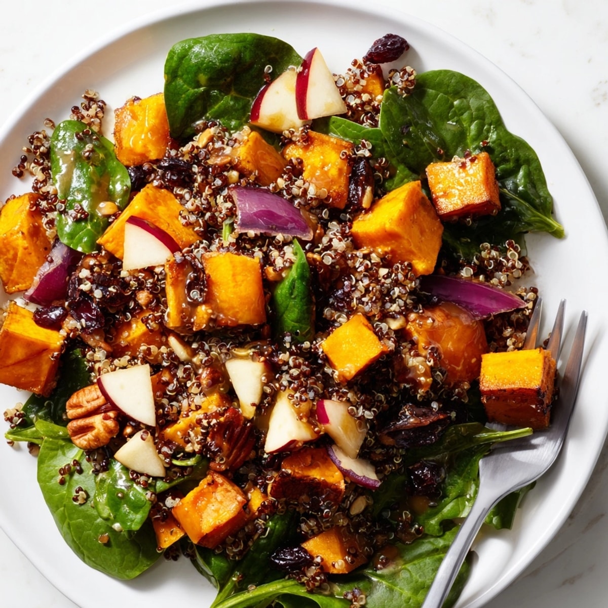 Close-up of a vibrant Quinoa Harvest Salad: roasted vegetables, pecans, and tangy dressing.