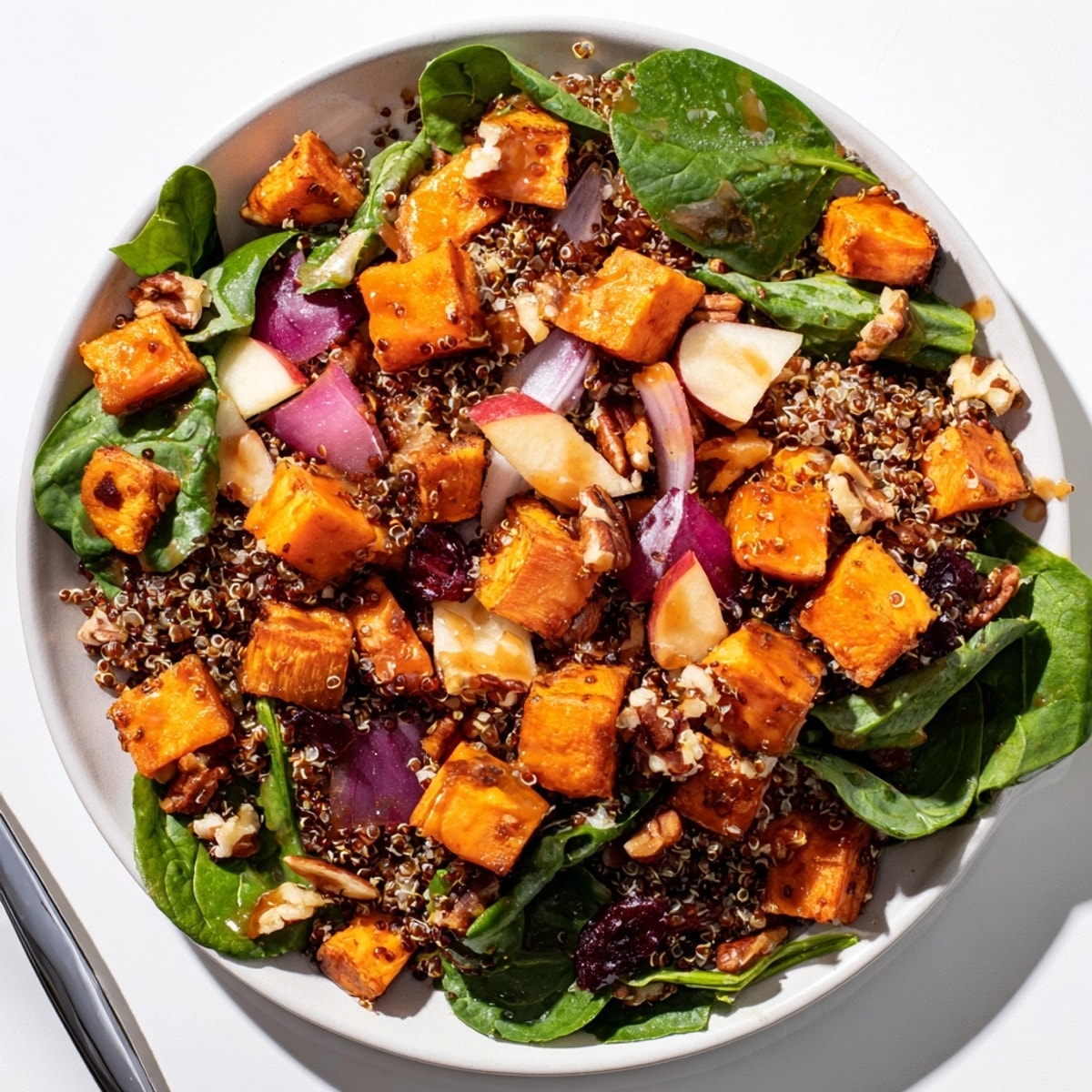 Autumnal Quinoa Harvest Salad: a flavorful mix of sweet potatoes, apples, and maple dressing.