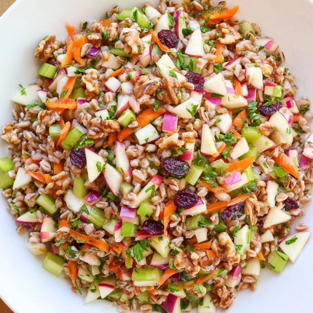 Close-up of Farro Apple Crunch Salad showing diced apples, nutty farro, and cranberries.