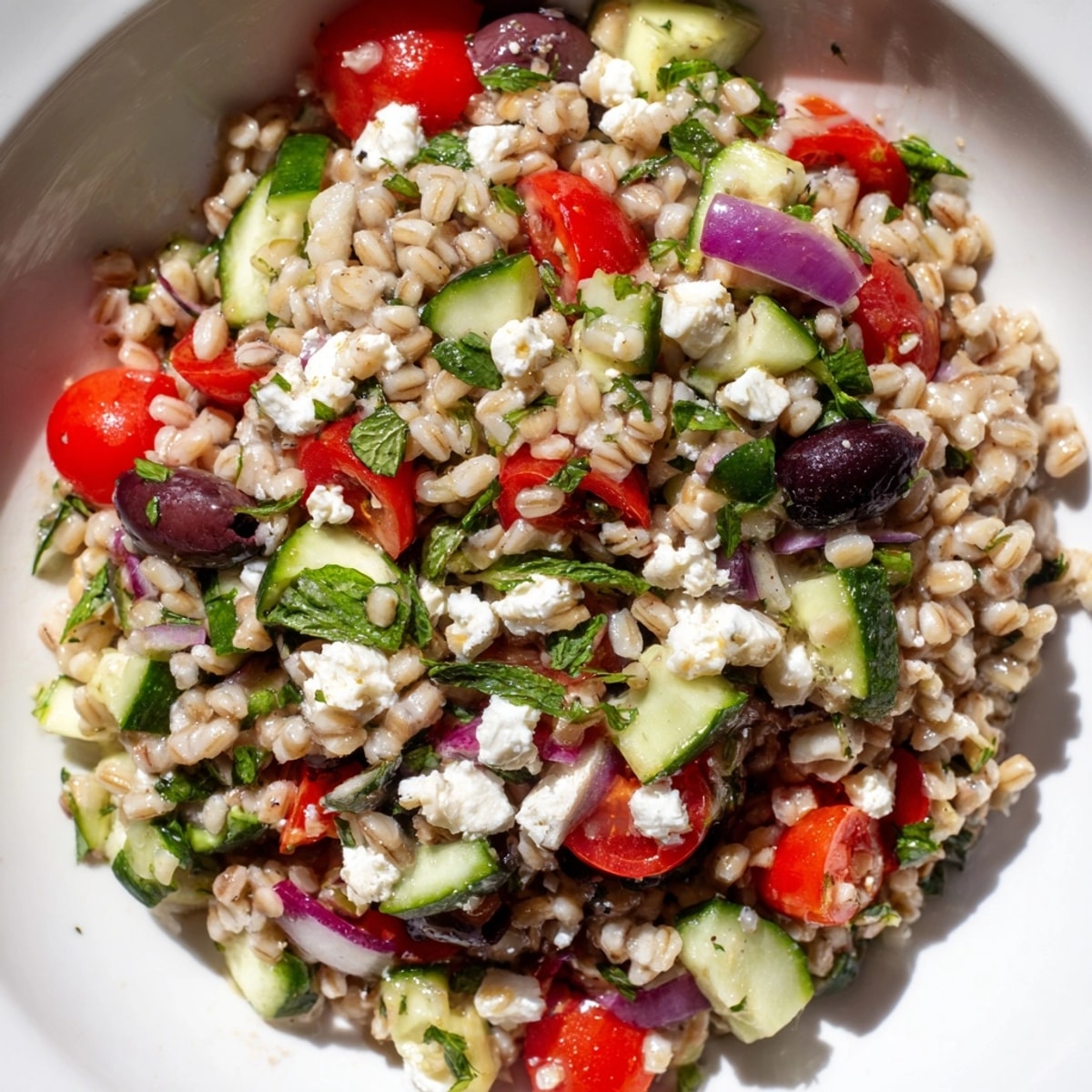 Vibrant Barley Mediterranean Salad: Pearl barley tossed with colorful veggies and lemon-herb vinaigrette.