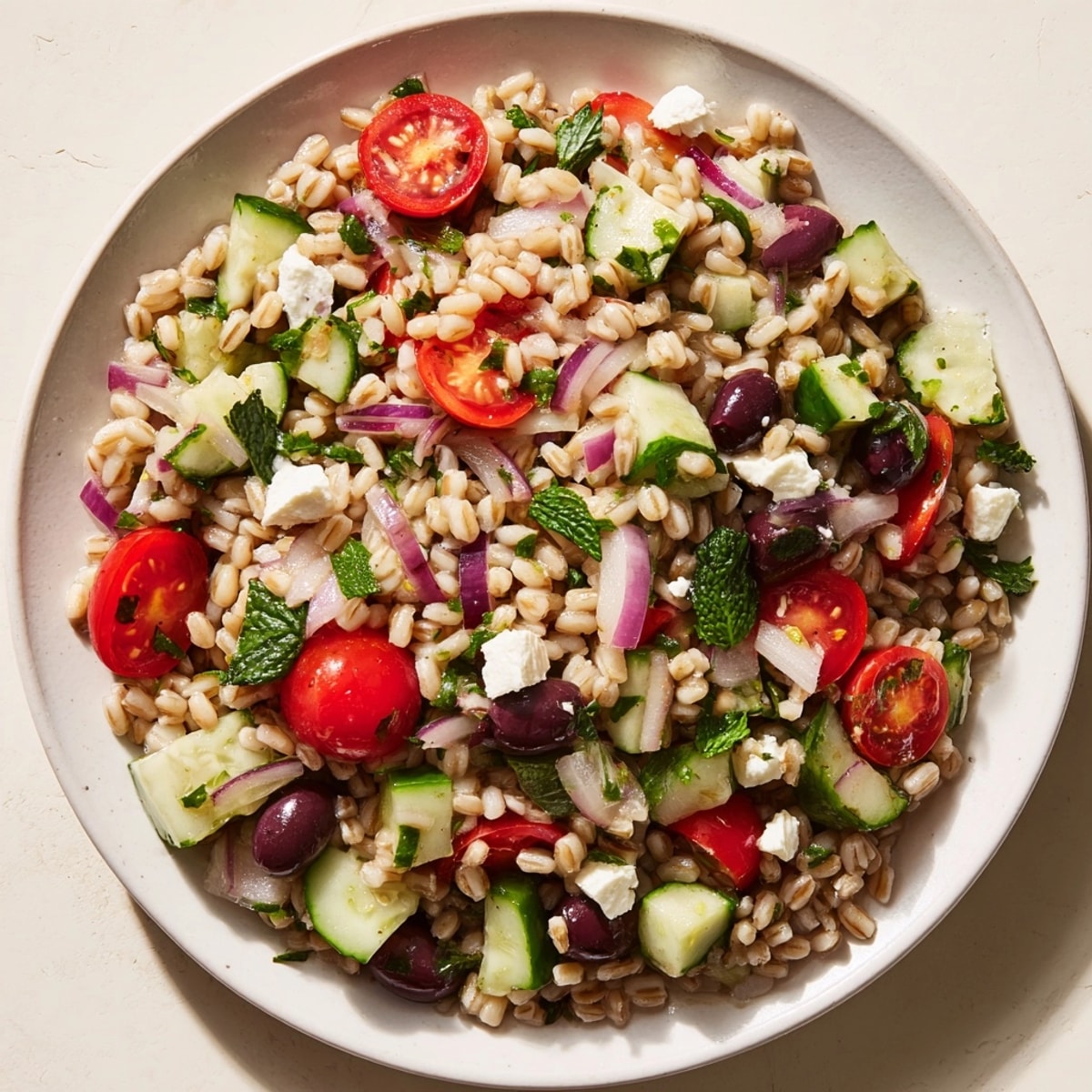 Close-up of fresh Barley Mediterranean Salad; feta crumbles add creamy tang.