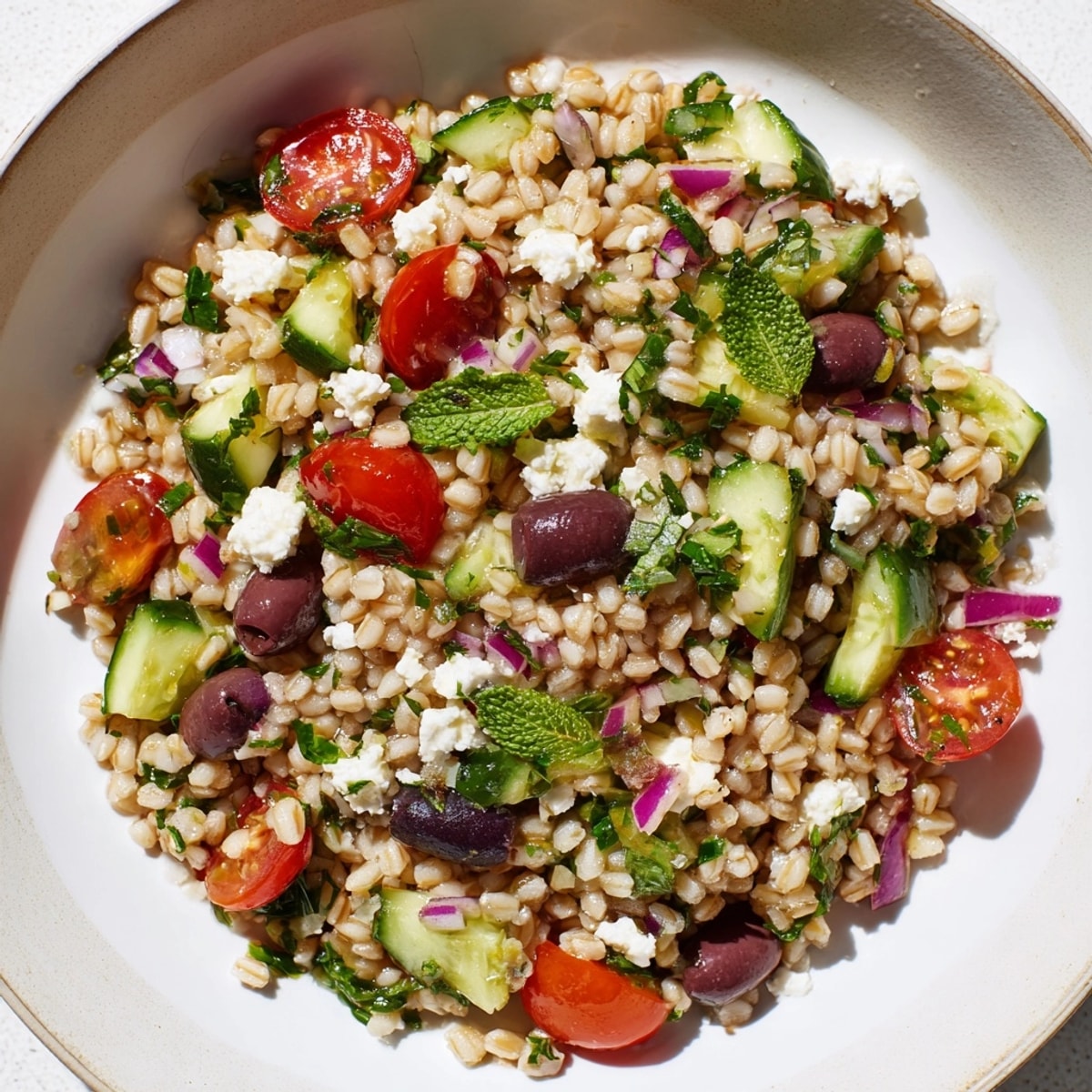A bowl of chilled Barley Mediterranean Salad, ready for a refreshing lunch.