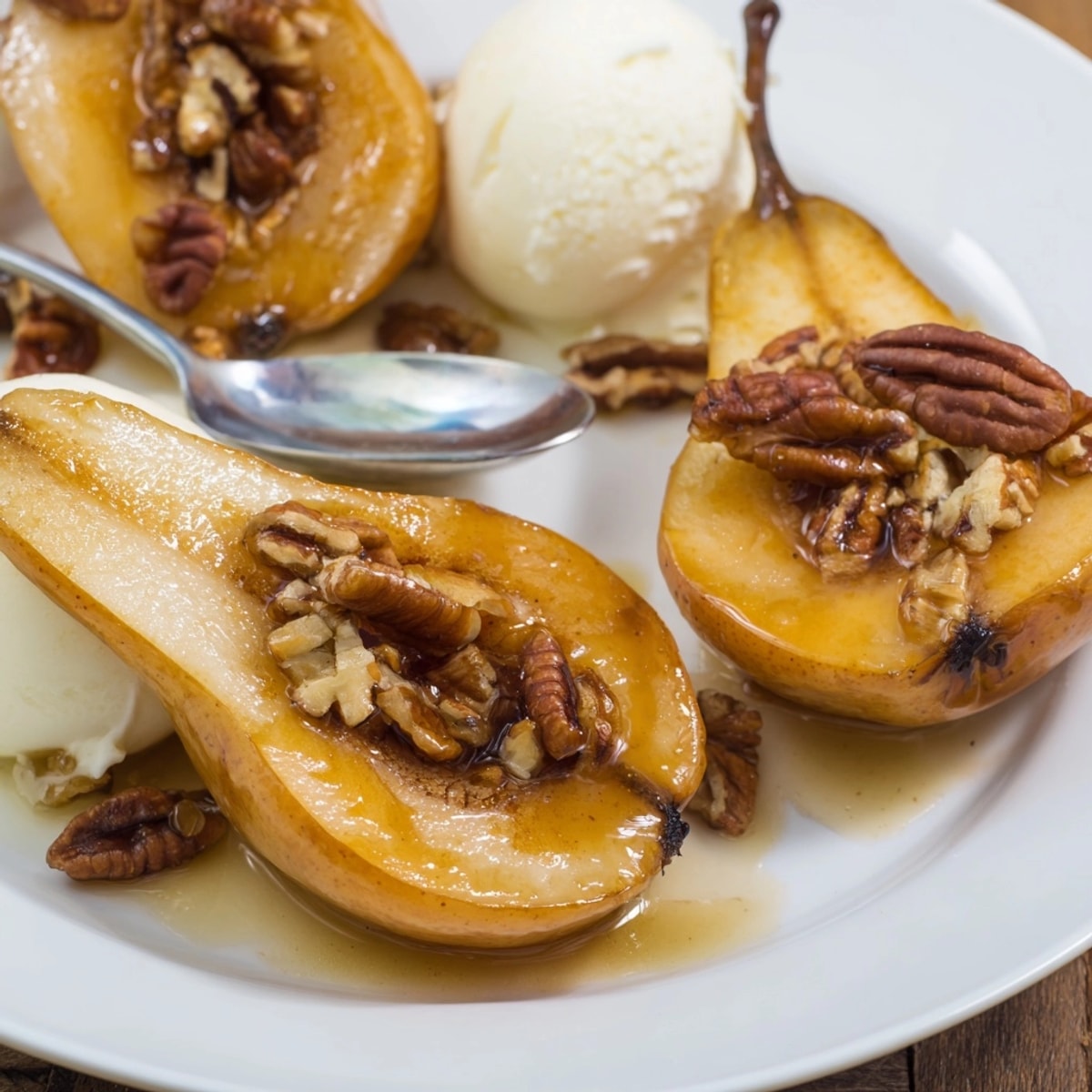 Golden Maple Baked Pears, warmly spiced, glistening with syrup, ready to be served with nuts.