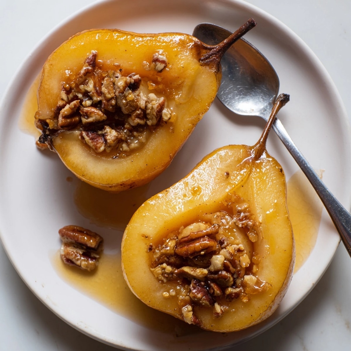 Close-up of tender Maple Baked Pears: a cozy autumn dessert featuring warm spices.