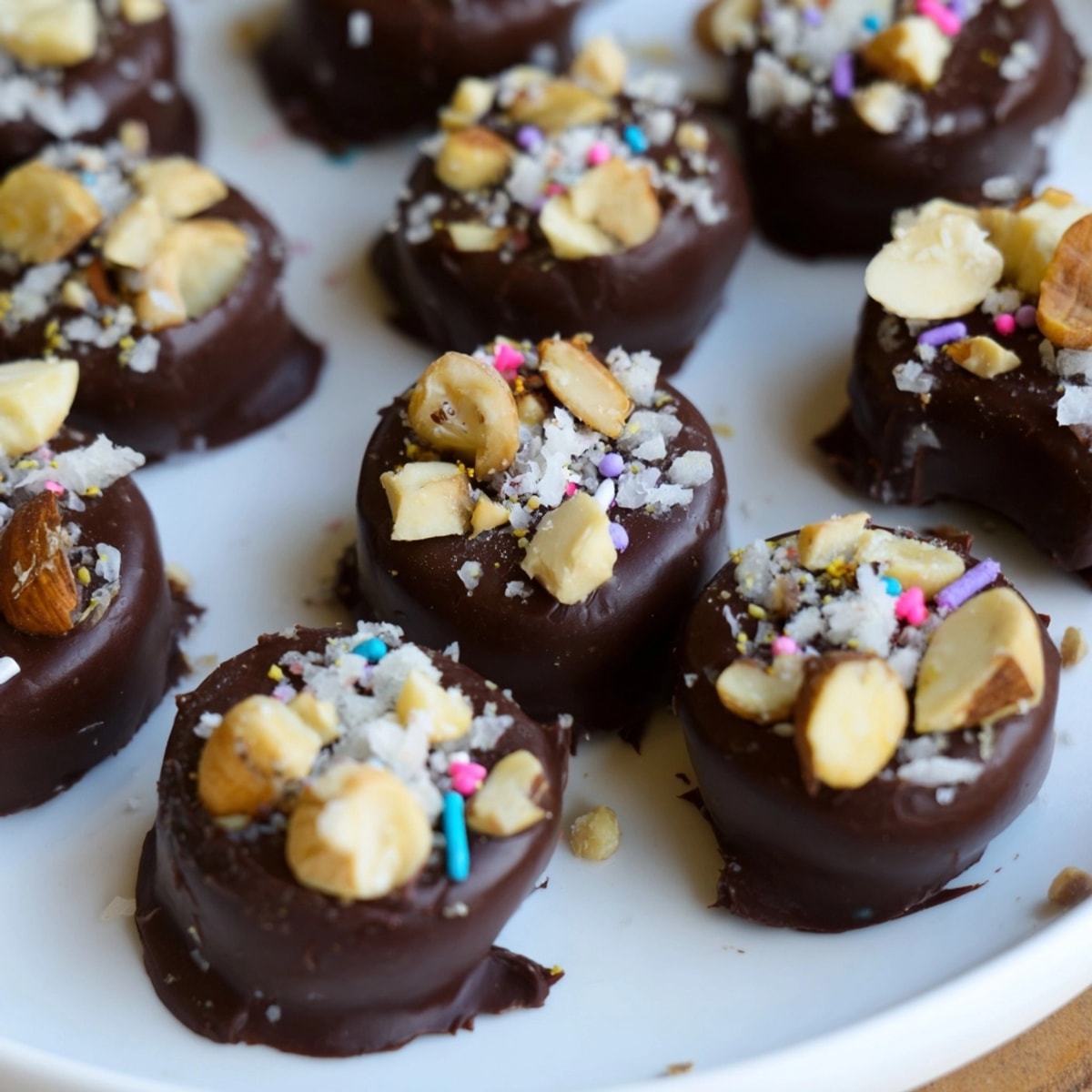 Delicious Chocolate Banana Bites drizzled after a quick dip, ready to eat.
