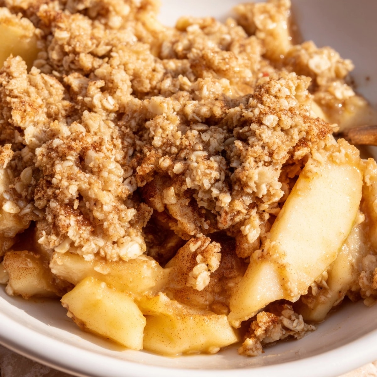 Golden Cinnamon Apple Crumble baking in a dish, apples bubbling, ready to serve.
