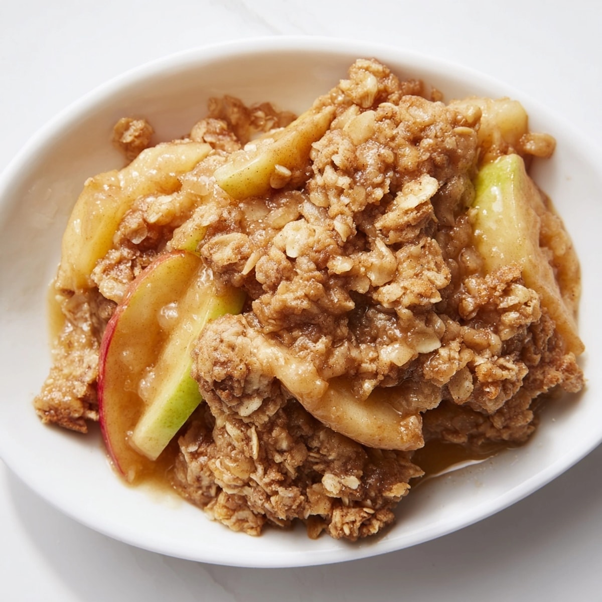 Warm, spiced Cinnamon Apple Crumble with a buttery oat topping, served with ice cream.