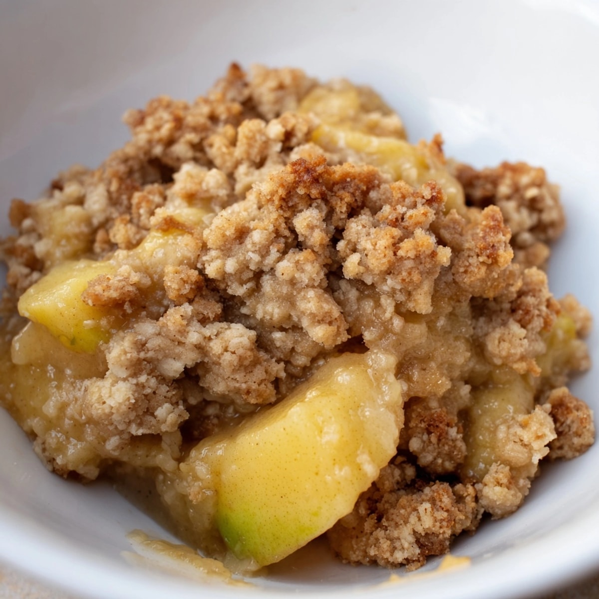 Close-up of homemade Cinnamon Apple Crumble capturing crispy crumble texture and juicy apples.