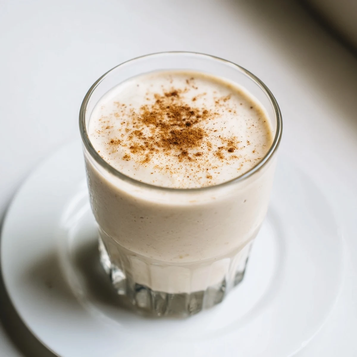 Thick and frosty Vegan Chickpea Smoothie, blended smooth with banana and almond milk, ready to enjoy.