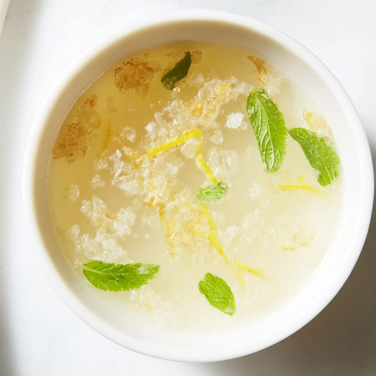 Glass of vibrant frosted ginger soup, perfectly chilled, with visible chopped crystallized ginger on top.