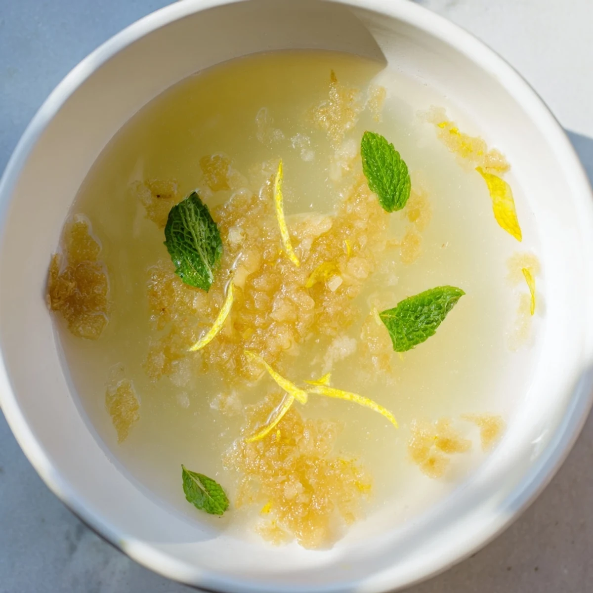 Close-up photo of frosted ginger soup, showcasing its subtly spiced, citrusy flavor with fresh garnish.
