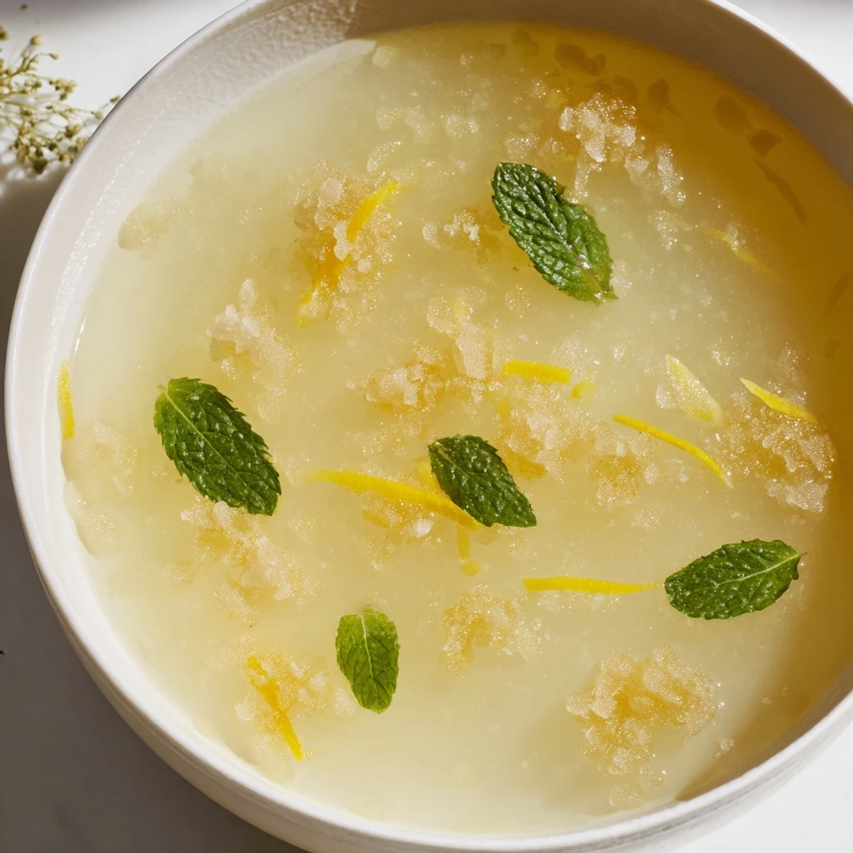Chilled frosted ginger soup, a refreshing vegan starter, garnished with mint and lemon zest.