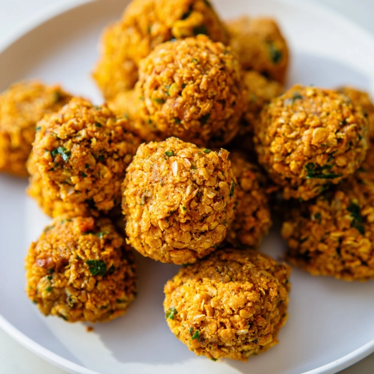 A close-up of delicious New Year Chickpea Bites topped with fresh herbs and served with tangy yogurt dip.