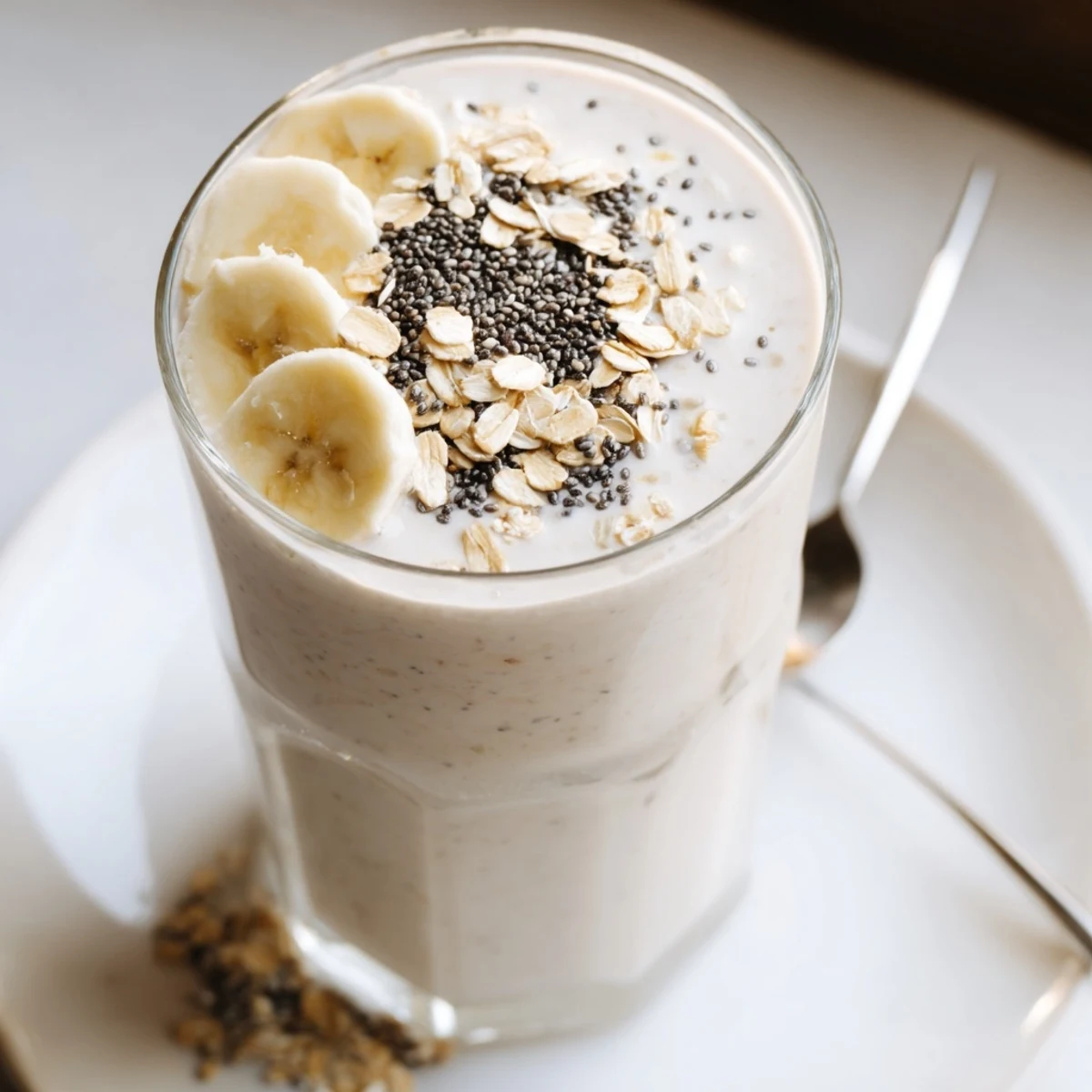 A tall glass of vibrant Wholesome Oat Smoothie, swirling with oats and honey, perfect for breakfast.