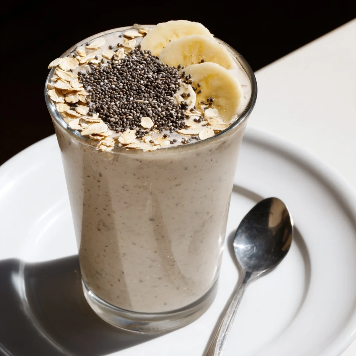 Enjoy a thick and delicious, fiber-rich Wholesome Oat Smoothie, poured into a clear glass, waiting to be sipped.