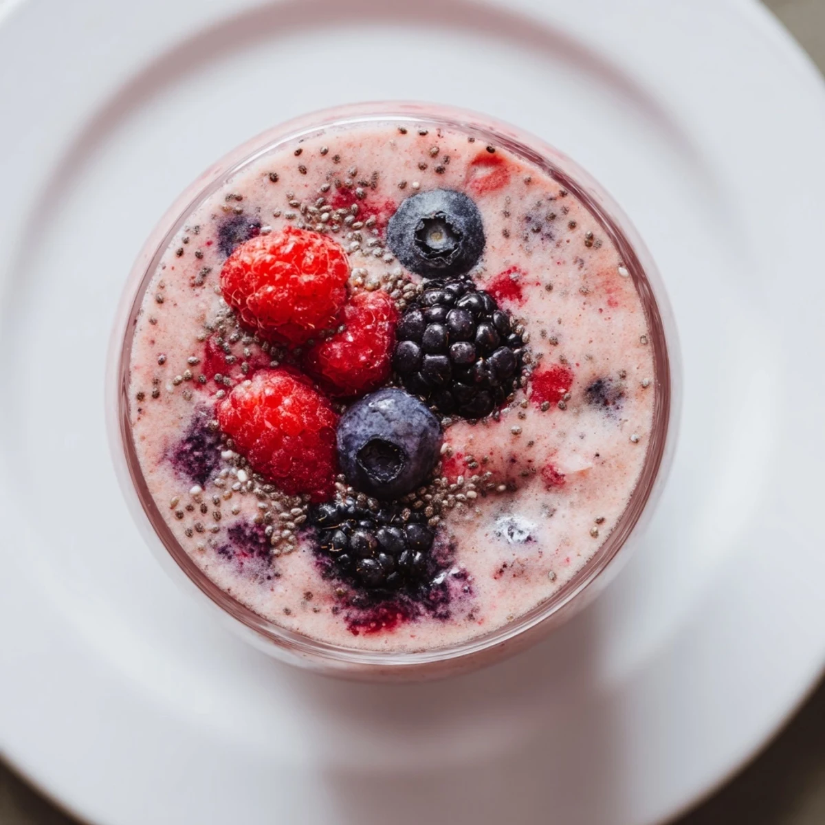 Creamy vegan berry smoothie, a vibrant blend of frozen berries ready to be enjoyed.