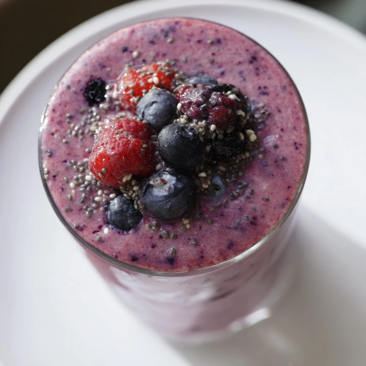 A thick and refreshing vegan berry smoothie swirled with the beautiful colors of fresh fruit.